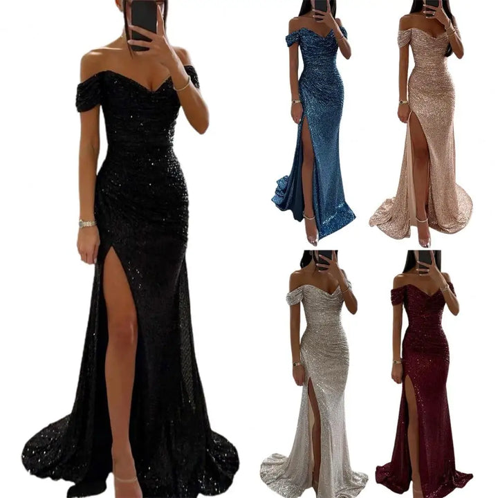 Floor-length formal sequin dress with sweetheart neckline and shimmering embellishment throughout