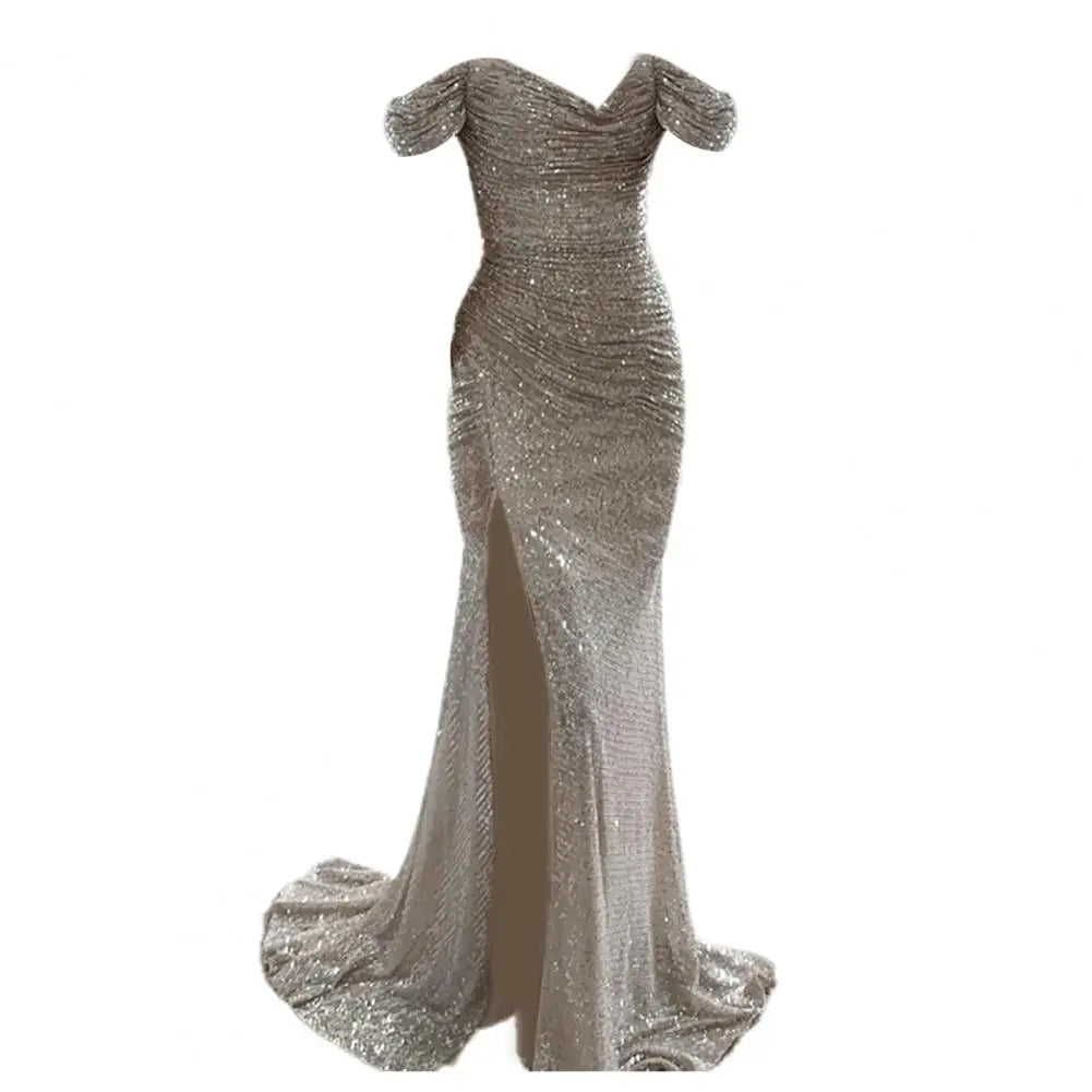 Champagne gold sequin gown with romantic sweetheart neckline and figure-flattering fit for formal wear