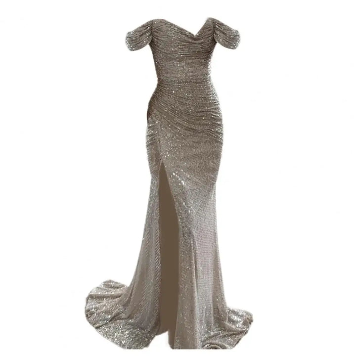 Champagne gold sequin gown with romantic sweetheart neckline and figure-flattering fit for formal wear