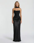Black Satin Corset Maxi Dress For Women with strapless bodice and floor-length drape