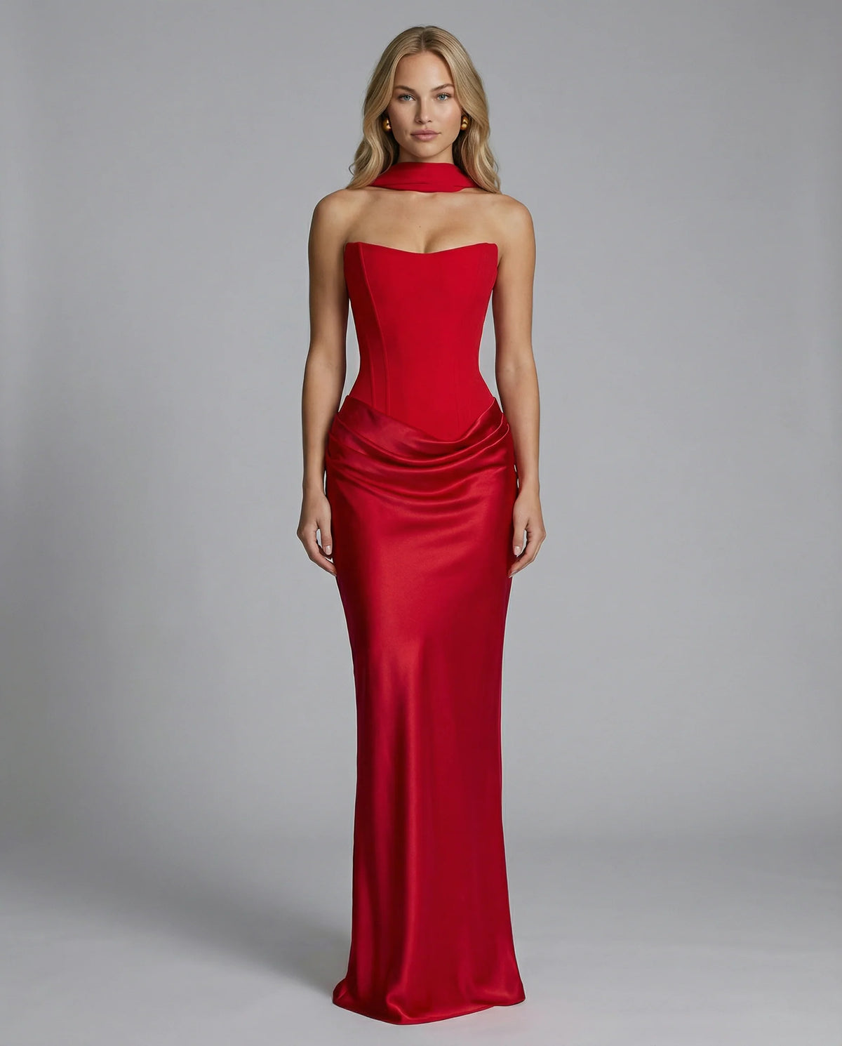 Back view of black satin corset maxi dress showing concealed closure