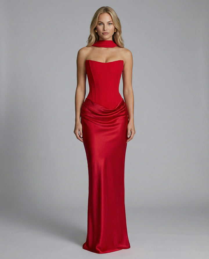 Back view of black satin corset maxi dress showing concealed closure