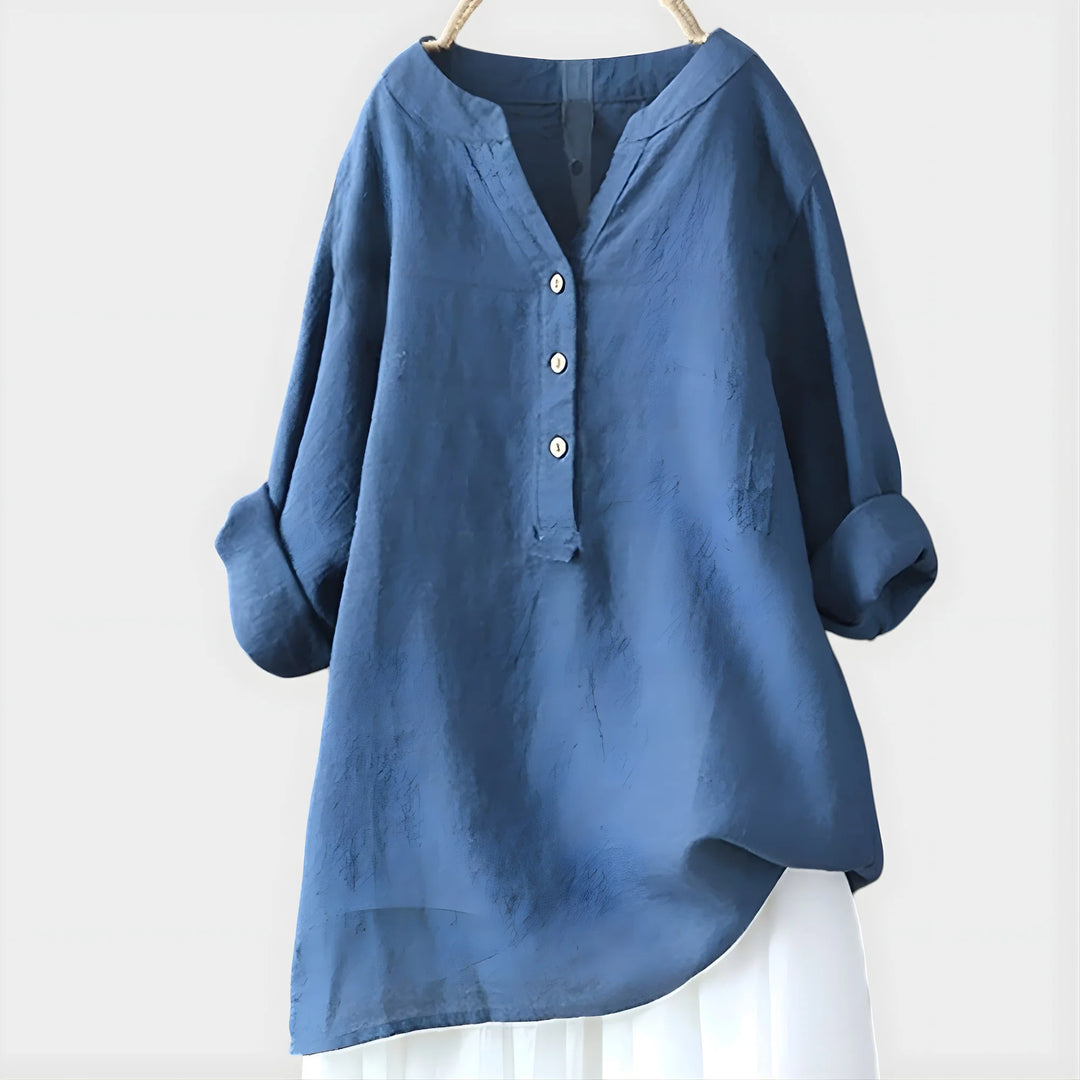 Woman in Elegant Cotton-Linen V-Neck Blouse showing versatile styling for everyday occasions