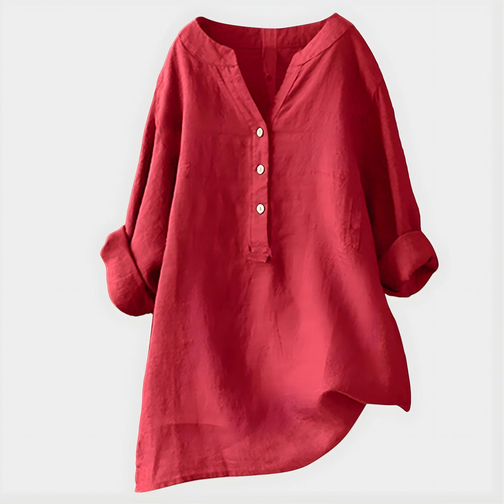 Close-up view of Elegant Cotton-Linen V-Neck Blouse showing V-neckline and button placket detail
