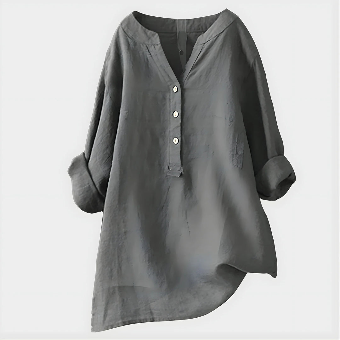 Woman styling Elegant Cotton-Linen V-Neck Blouse with neutral trousers for casual everyday wear