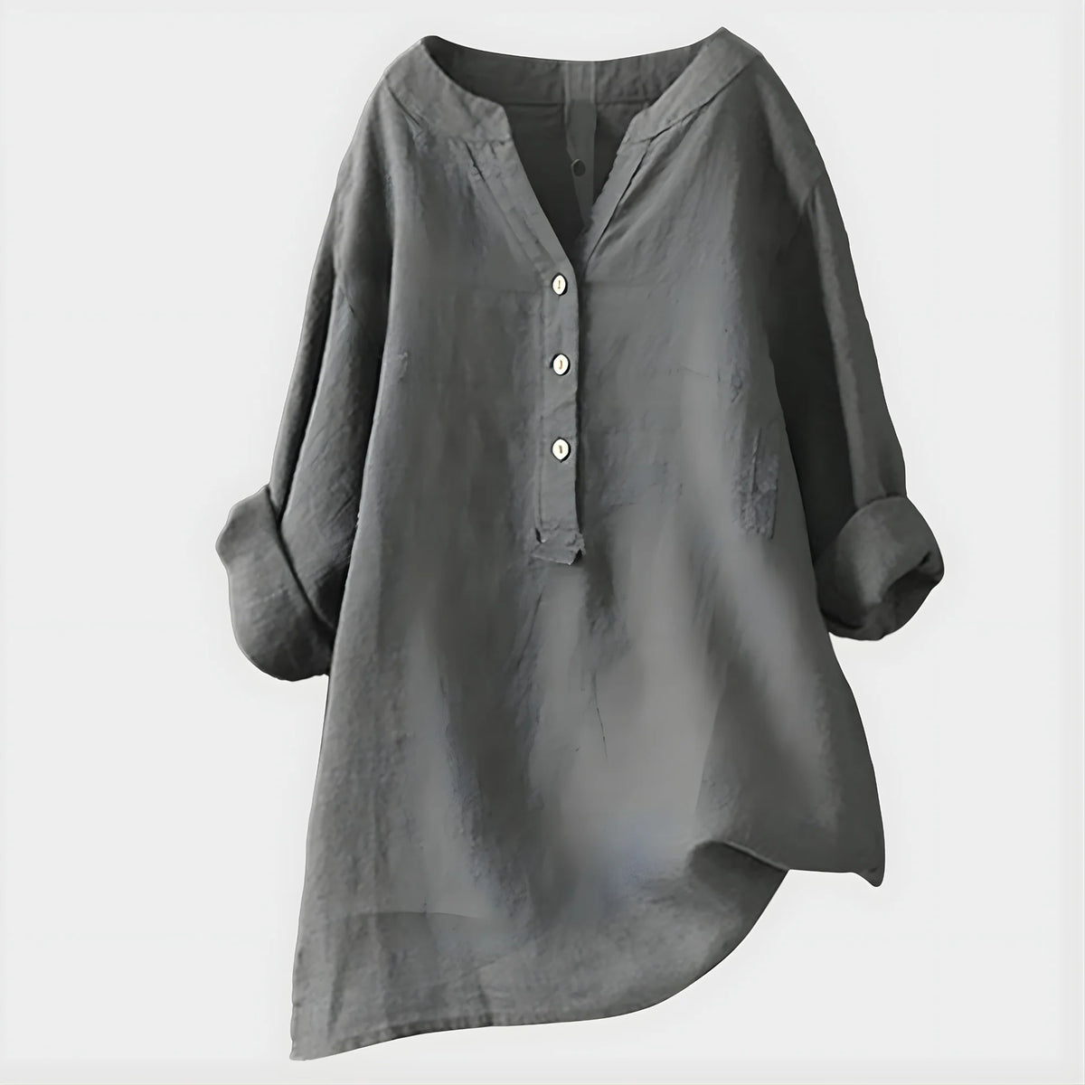 Woman styling Elegant Cotton-Linen V-Neck Blouse with neutral trousers for casual everyday wear