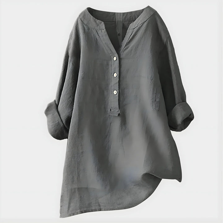 Woman styling Elegant Cotton-Linen V-Neck Blouse with neutral trousers for casual everyday wear