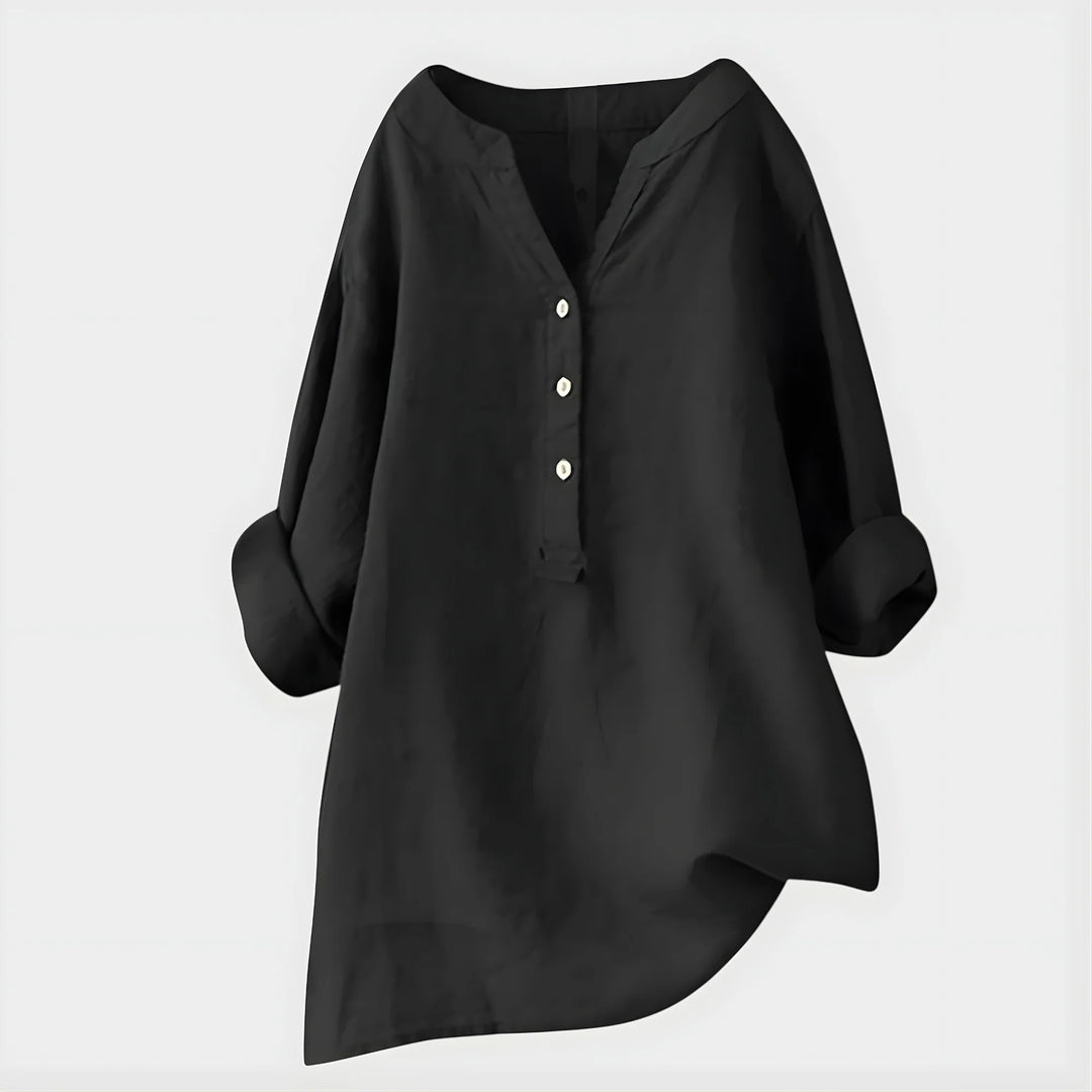 Back view of Elegant Cotton-Linen V-Neck Blouse showing relaxed silhouette and curved hem
