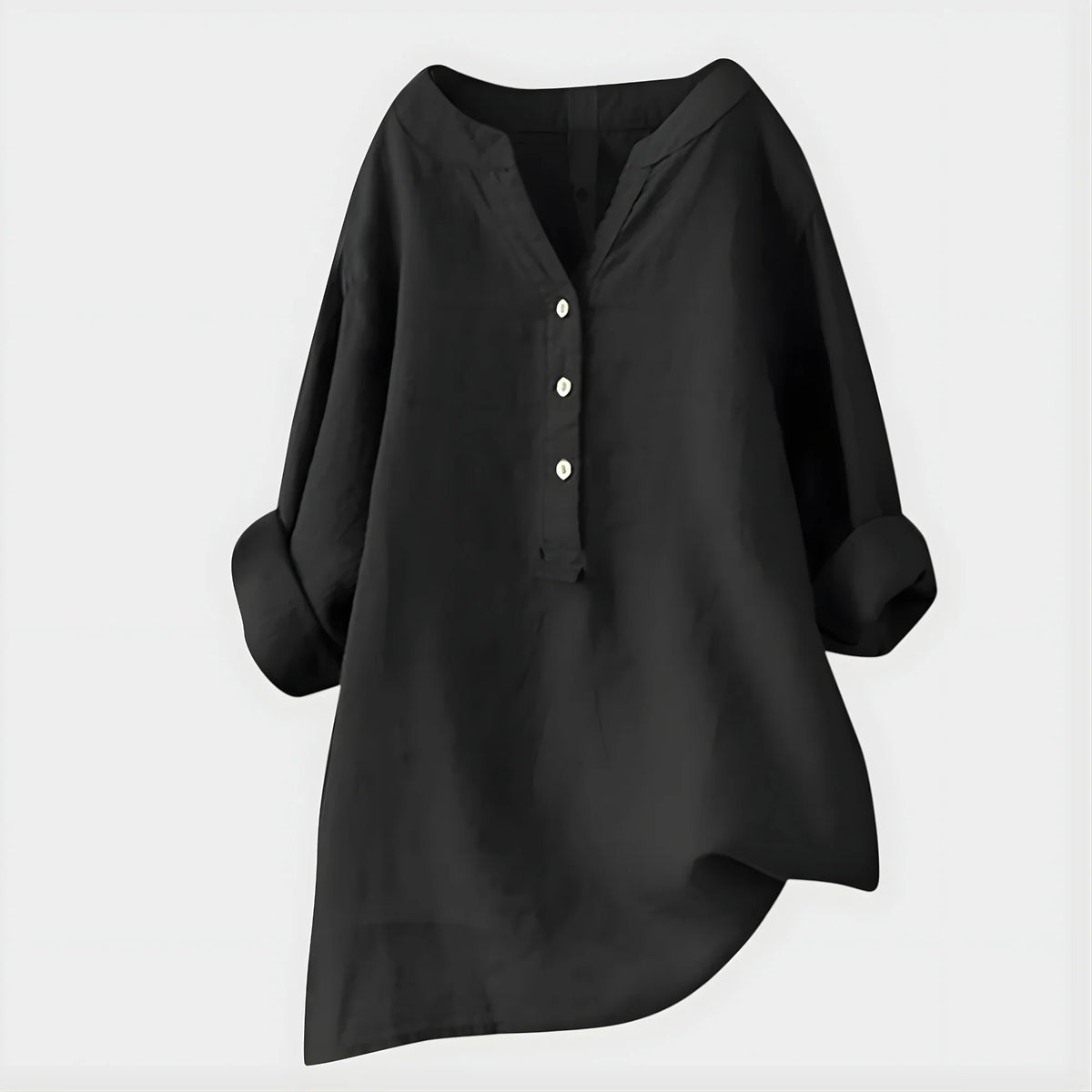 Back view of Elegant Cotton-Linen V-Neck Blouse showing relaxed silhouette and curved hem