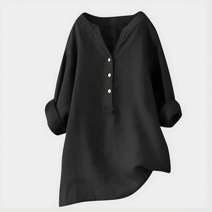 Back view of Elegant Cotton-Linen V-Neck Blouse showing relaxed silhouette and curved hem