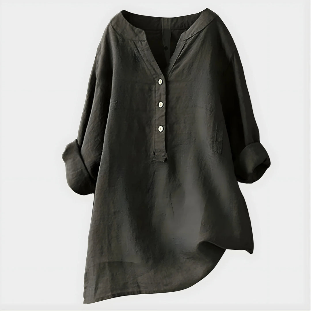Full-length view of Elegant Cotton-Linen V-Neck Blouse paired with linen trousers