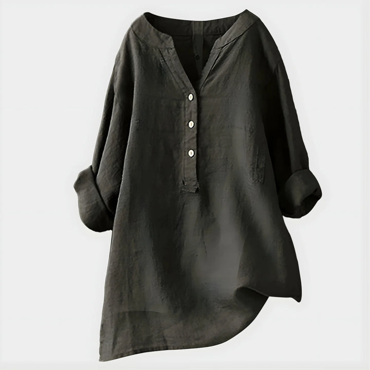 Full-length view of Elegant Cotton-Linen V-Neck Blouse paired with linen trousers