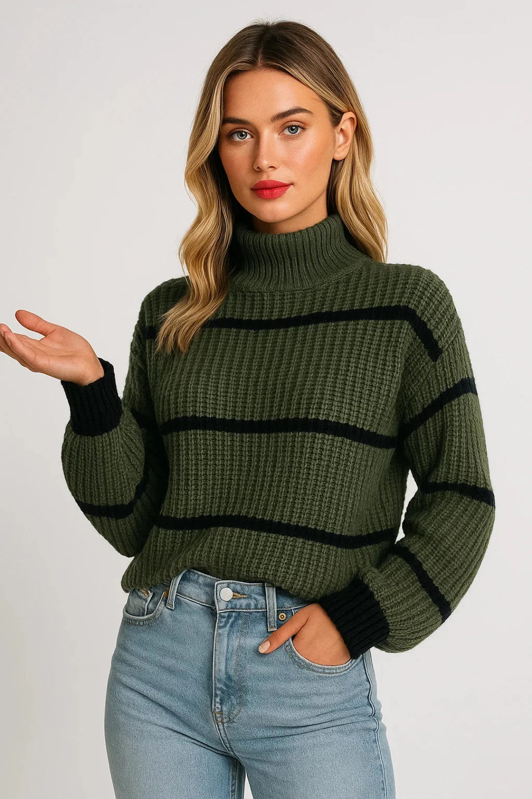 Back view of women's striped knit jumper with horizontal stripes and blouson sleeves in chunky knit