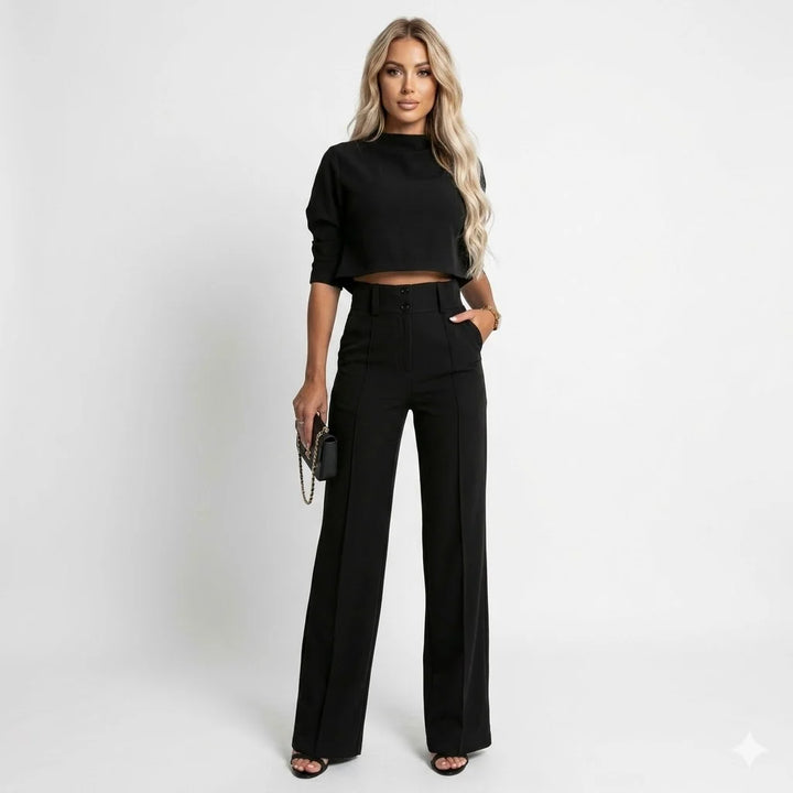 Chic Two-Piece Set For Women featuring a cropped long sleeve top and high-waist straight-leg trousers in black