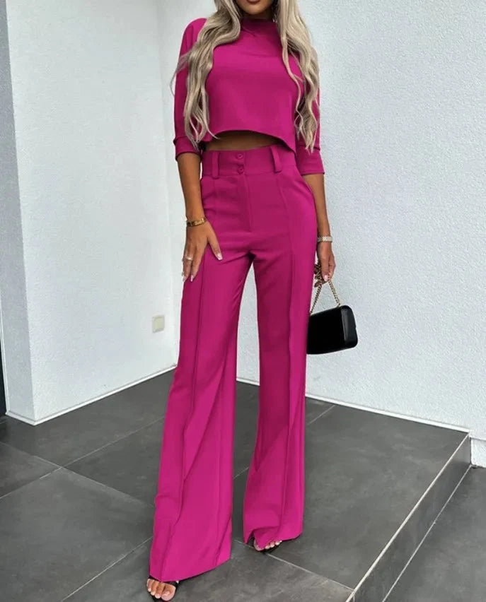 Model wearing coordinated two-piece set styled for smart casual daywear