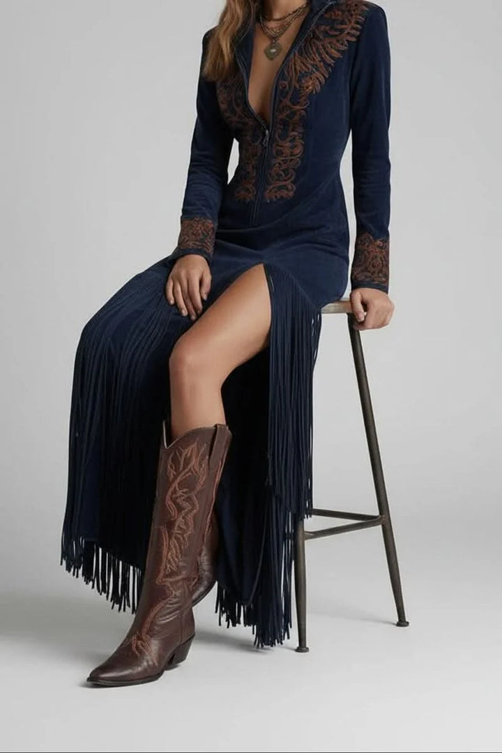 Women's Long Sleeve Fringe Western Evening Gown Maxi Dress in navy with embroidered detailing and tiered fringe hem