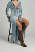 Close-up view of embroidered bodice and V-zip neckline on Women's Long Sleeve Fringe Western Evening Gown Maxi Dress