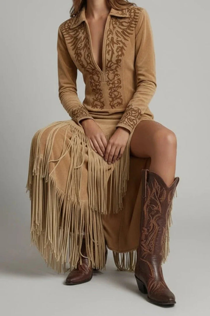 Side view showing thigh-high slit and tiered fringe detailing on Women's Long Sleeve Fringe Western Evening Gown Maxi Dress