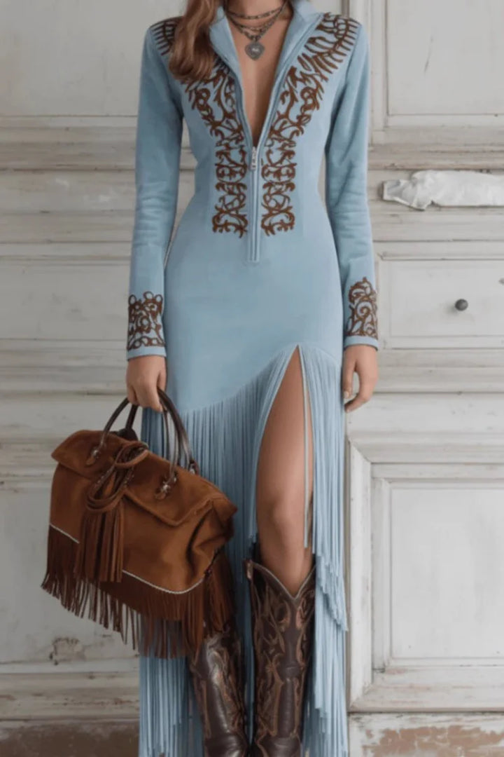 Detail of embroidered sleeve cuffs and fringe hem on Women's Long Sleeve Fringe Western Evening Gown Maxi Dress