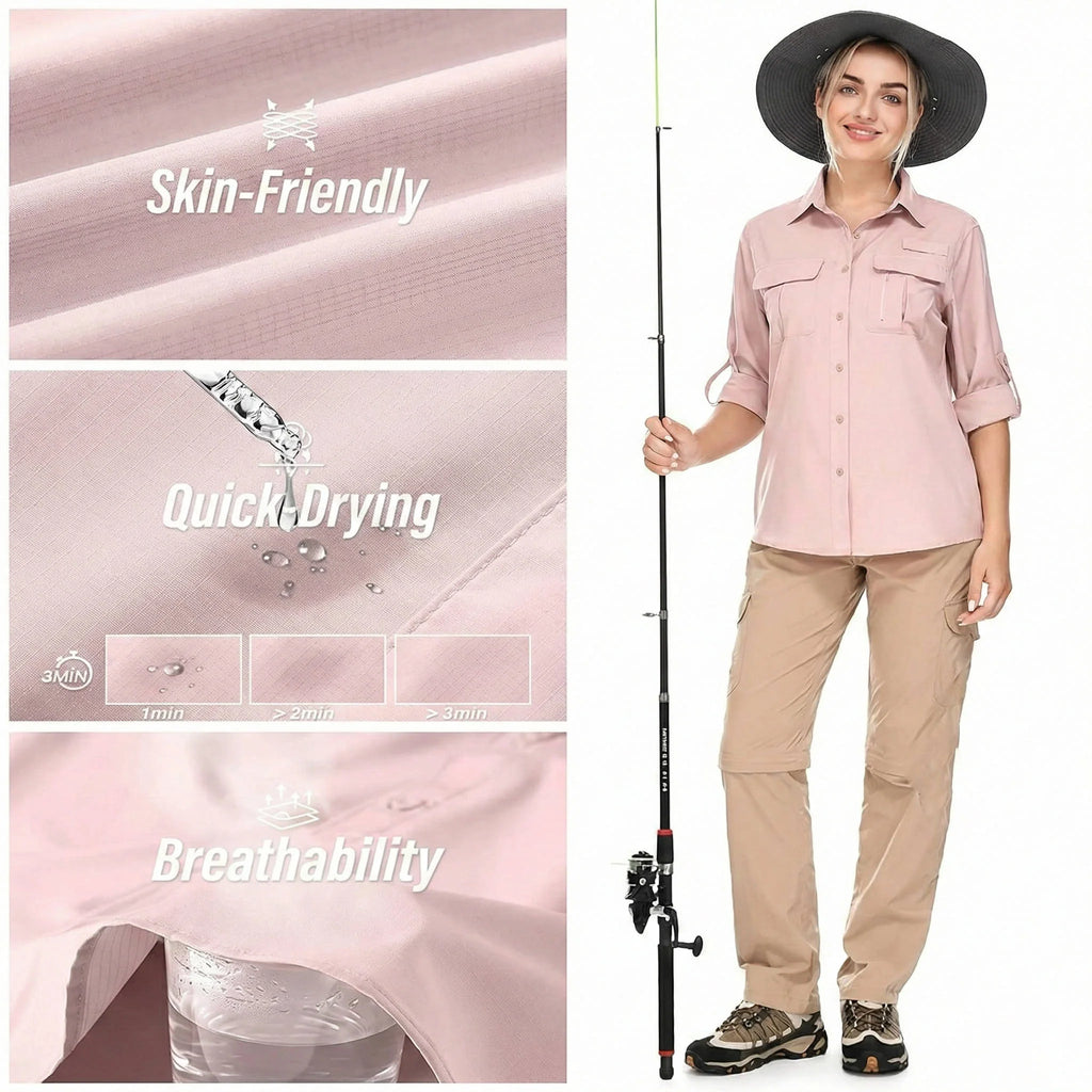 Side view of Women's Plaid Hooded Button Up Jacket displaying relaxed fit and convertible sleeve design