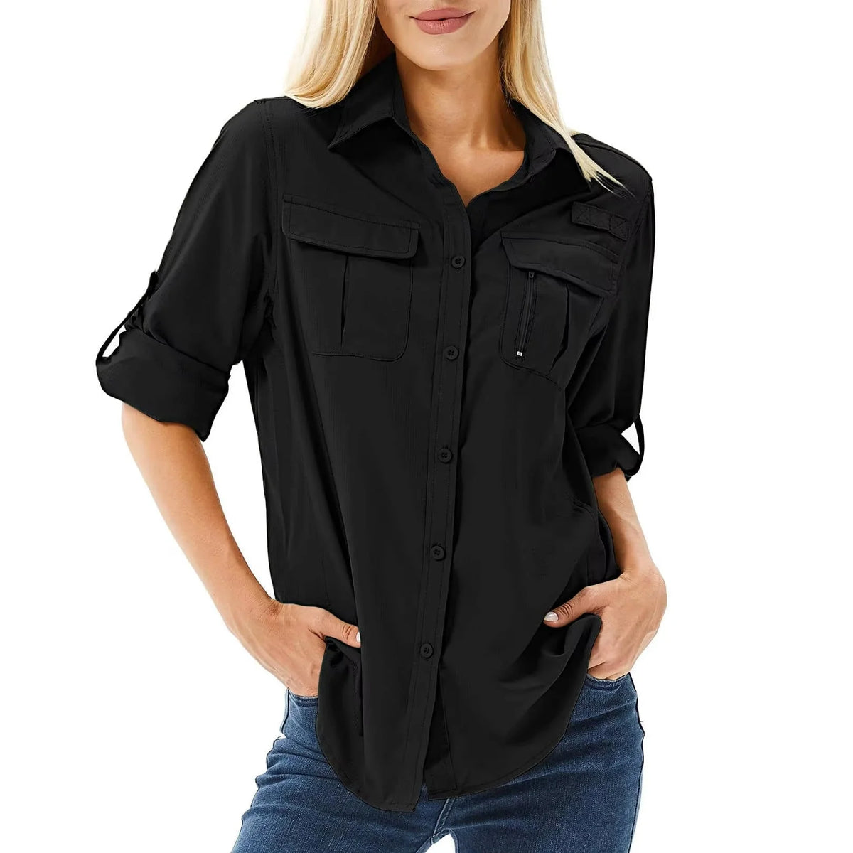 Back view of Women's Plaid Hooded Button Up Jacket showing relaxed silhouette and shoulder seams