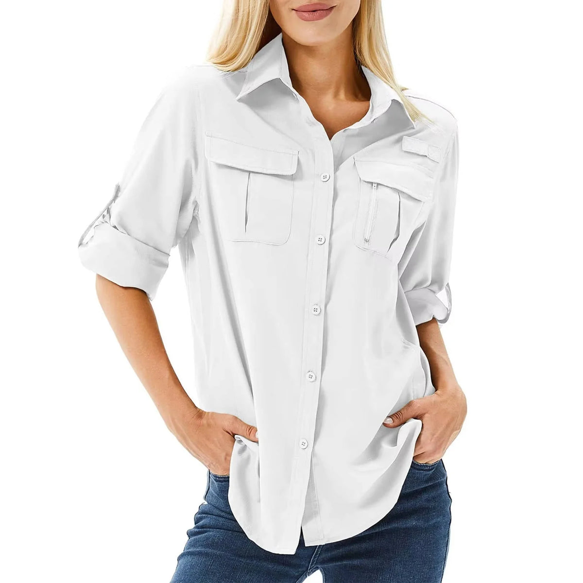 Women's Plaid Hooded Button Up Jacket in light grey colourway with roll-up sleeves