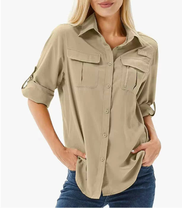 Women's Plaid Hooded Button Up Jacket chest pocket detail with flap closure and button