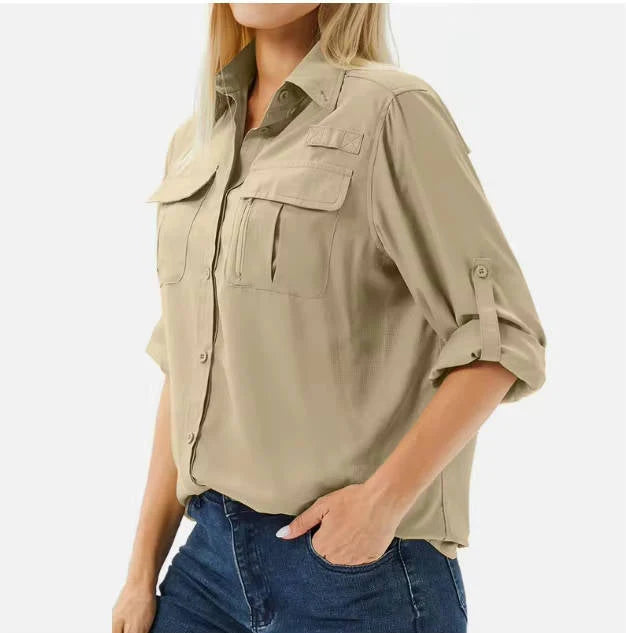 Full-length view of Women's Plaid Hooded Button Up Jacket paired with casual denim bottoms