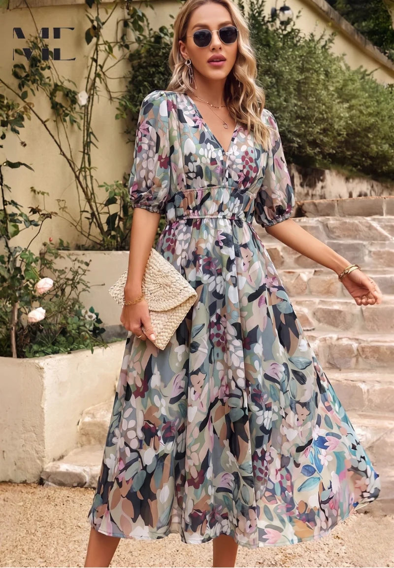 Woman wearing Women's V-Neck A-Line Midi Dress with abstract floral print and puff sleeves outdoors