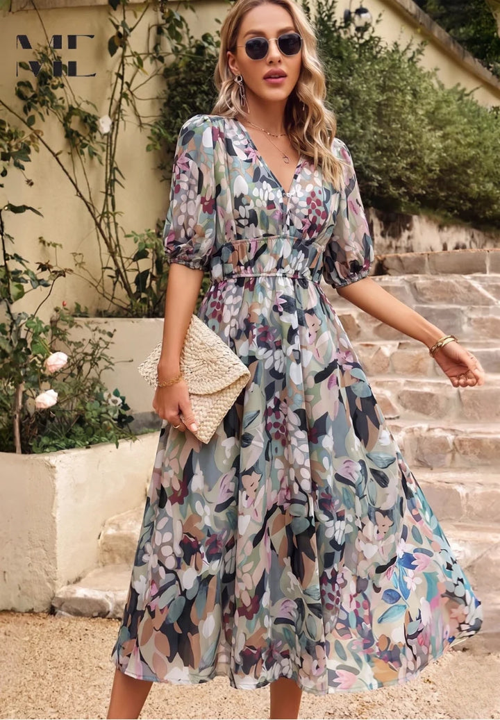 Woman wearing Women's V-Neck A-Line Midi Dress with abstract floral print and puff sleeves outdoors