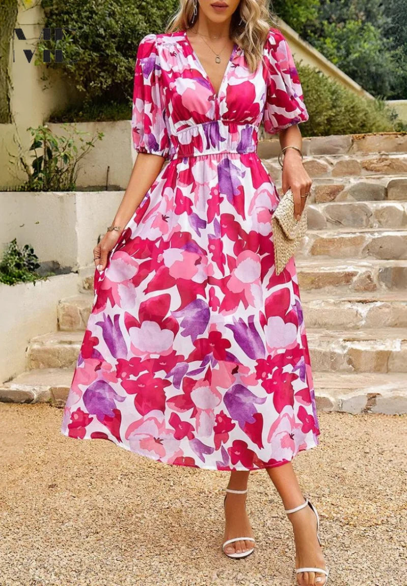Full outfit view of women's A-line midi dress with floral print