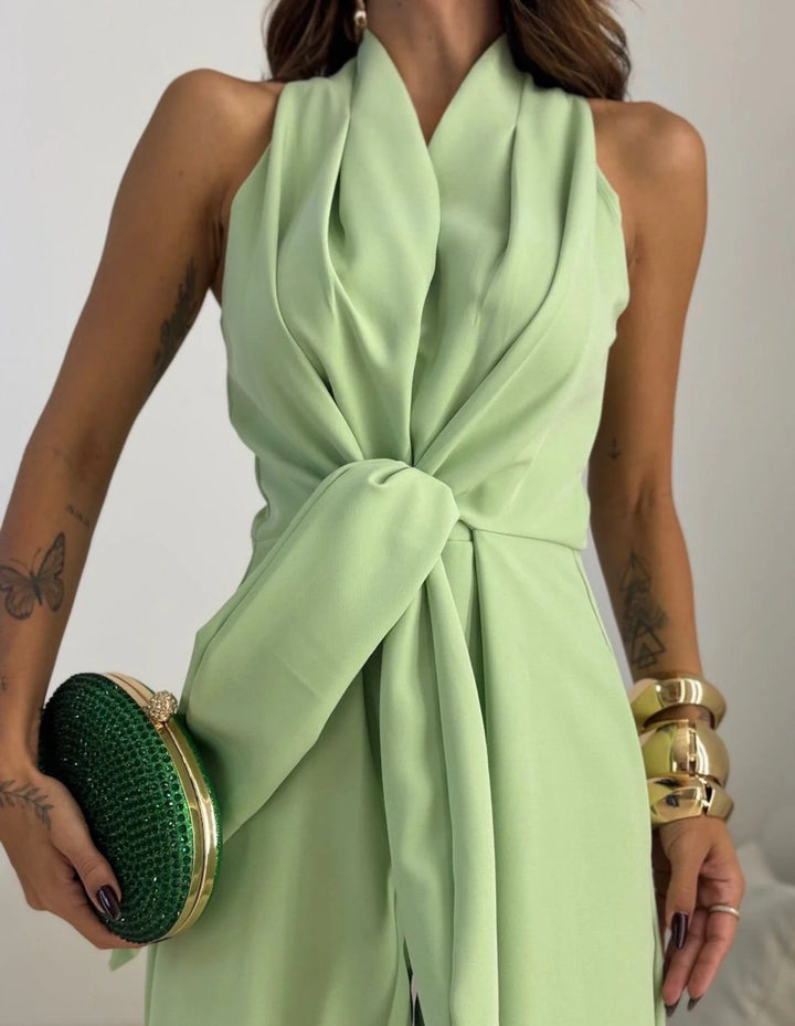Sleeveless wide-leg jumpsuit with sculpted neckline and cinched waist detail