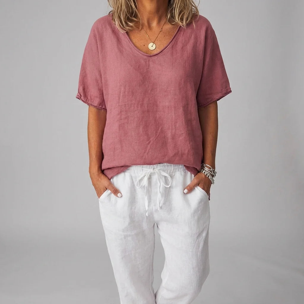 Relaxed women's v-neck tee demonstrating versatile styling for warm weather occasions