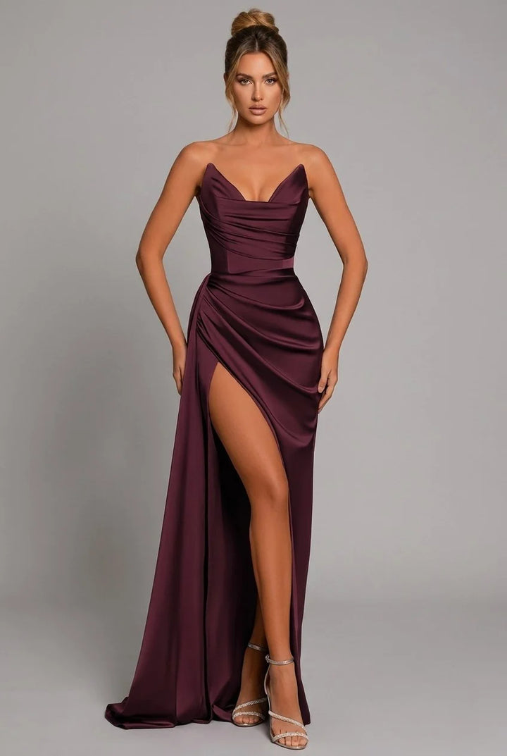 Women's Strapless Ruched Satin Maxi Formal Dress High Slit in deep burgundy with sweetheart neckline and thigh-high split