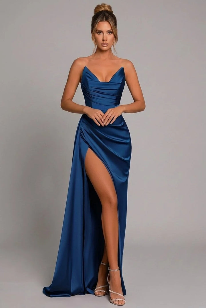 Full-length view of maxi formal dress with dramatic thigh-high slit and flowing skirt