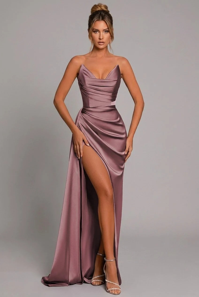 Detail of ruched bodice and smooth satin finish on strapless formal dress