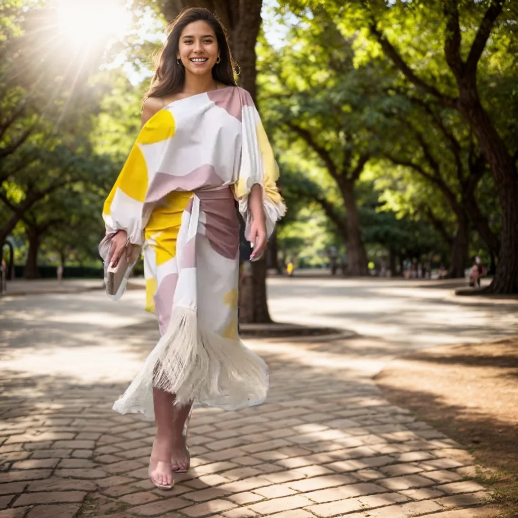 Woman wearing one shoulder wrap midi dress with fringe hem and geometric print in outdoor setting