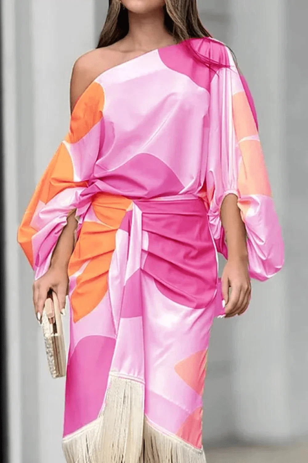 Woman posing in one shoulder wrap midi dress for casual outdoor occasion