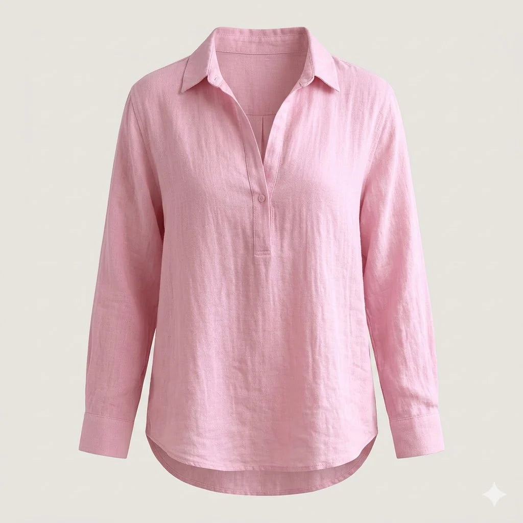 Close-up of Blush Linen Relaxed Shirt with Effortless Elegance For Women showing lightweight fabric drape and button detail