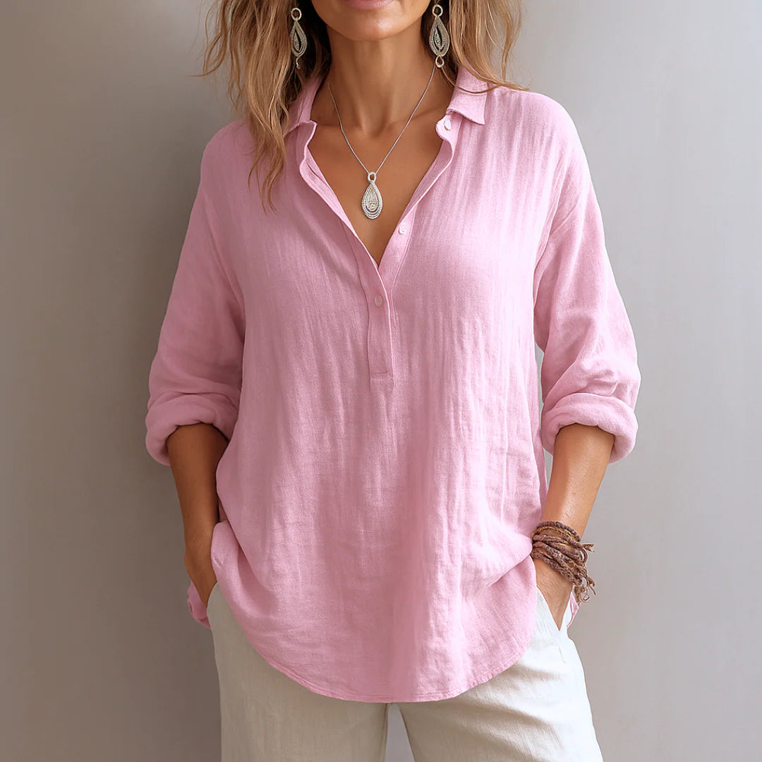 Side view of Blush Linen Relaxed Shirt with Effortless Elegance For Women featuring relaxed fit and curved hem