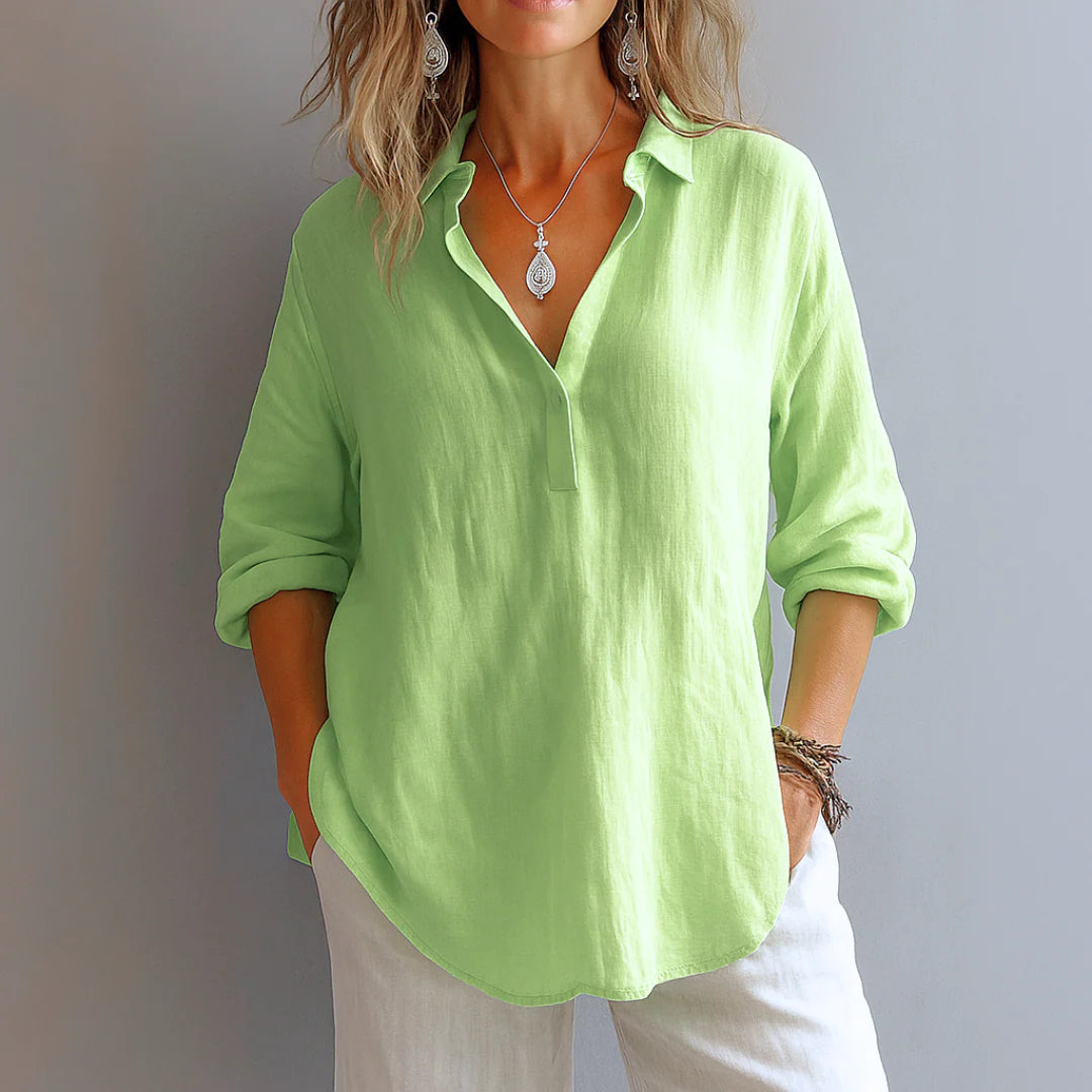 Detail shot of Blush Linen Relaxed Shirt with Effortless Elegance For Women V-neck and rollable long sleeves