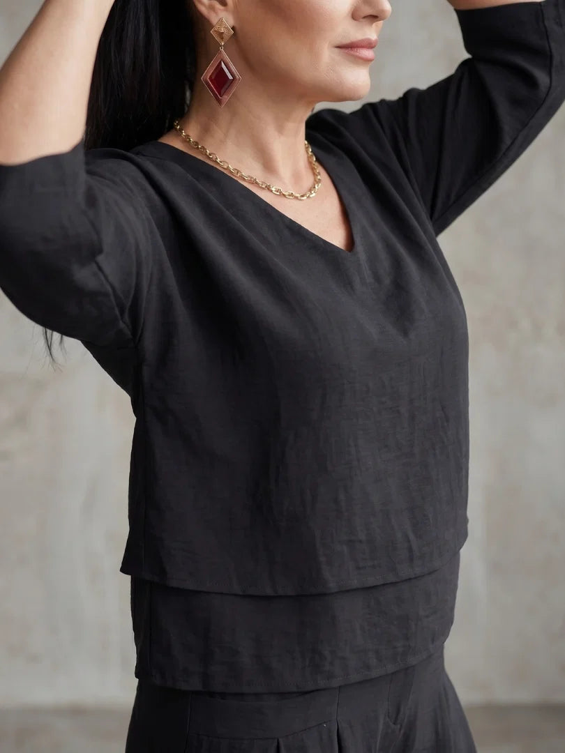 Back view of relaxed fit pants set showing flowing wide leg cut and layered top
