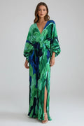 Women's Long Dress with V-Neckline and Pleated Finish in green and blue printed pattern with gathered waist and side slit