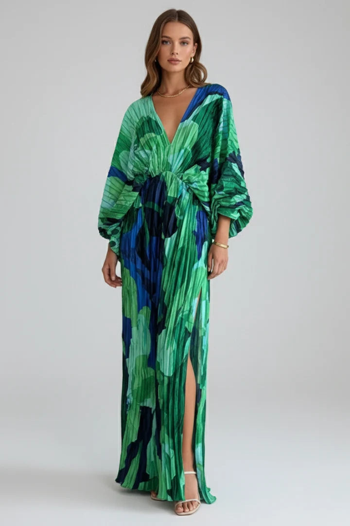 Women's Long Dress with V-Neckline and Pleated Finish in green and blue printed pattern with gathered waist and side slit