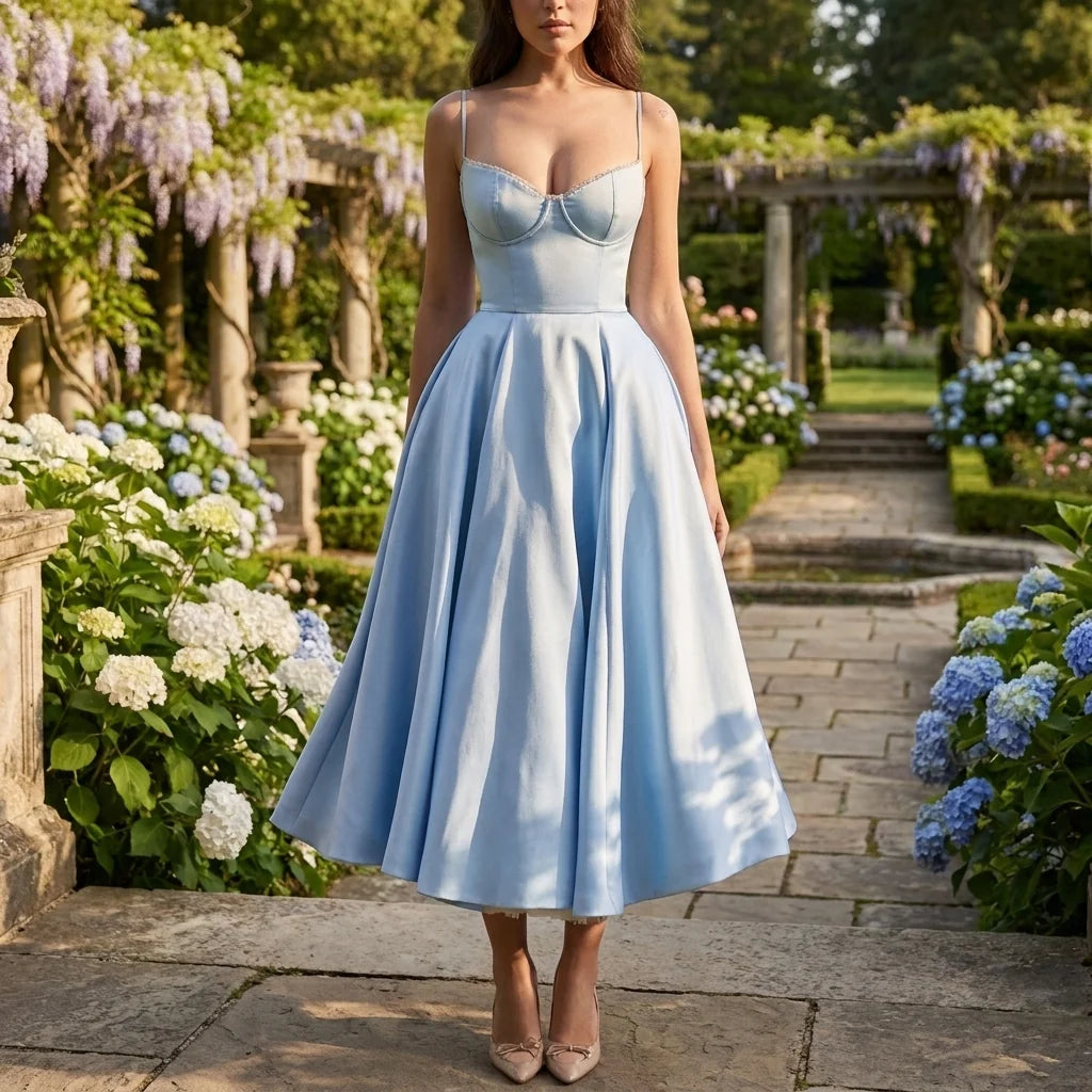 Corset midi dress with structured bodice and flowing skirt in soft blue shade