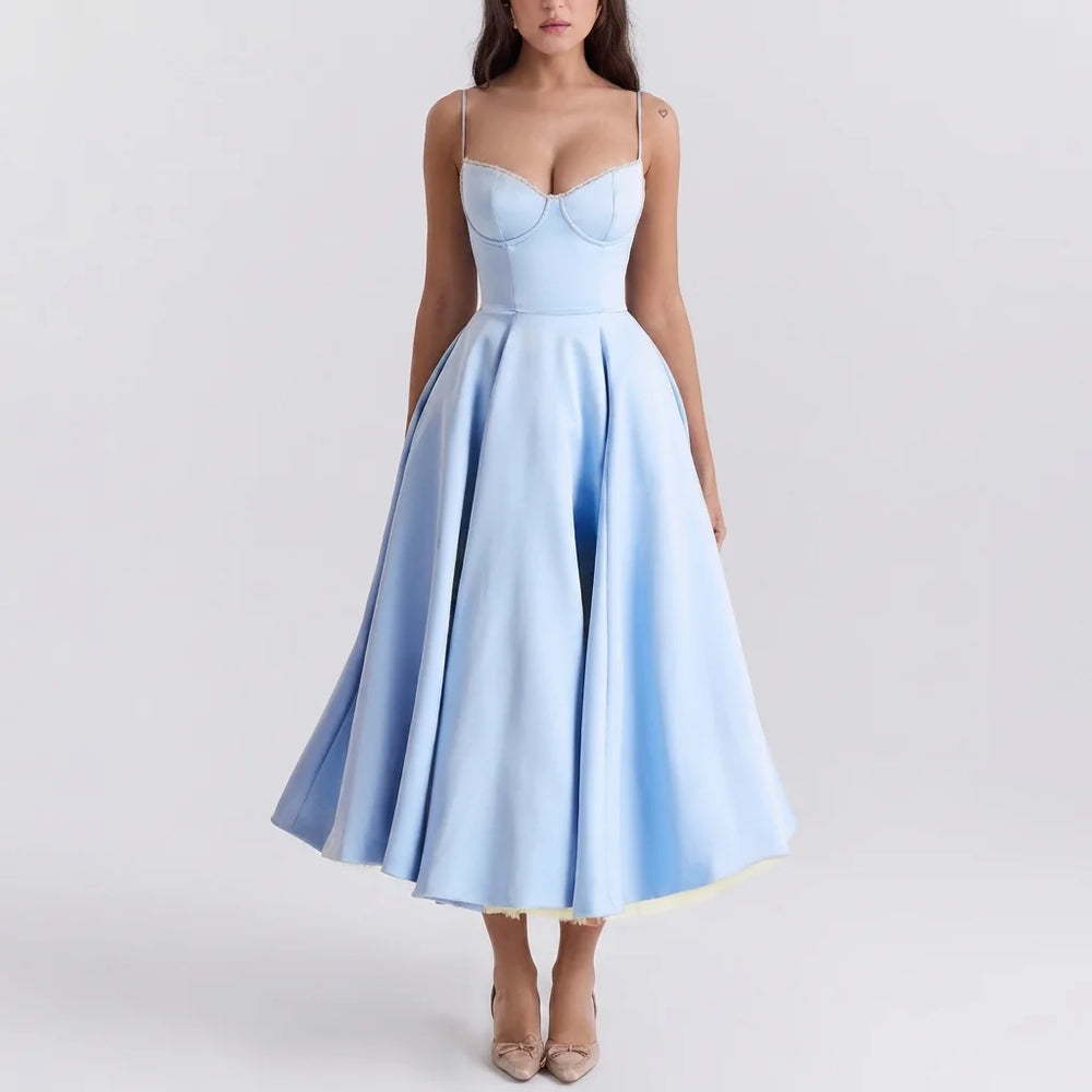 Side view of corset midi dress showing sweetheart neckline and adjustable straps
