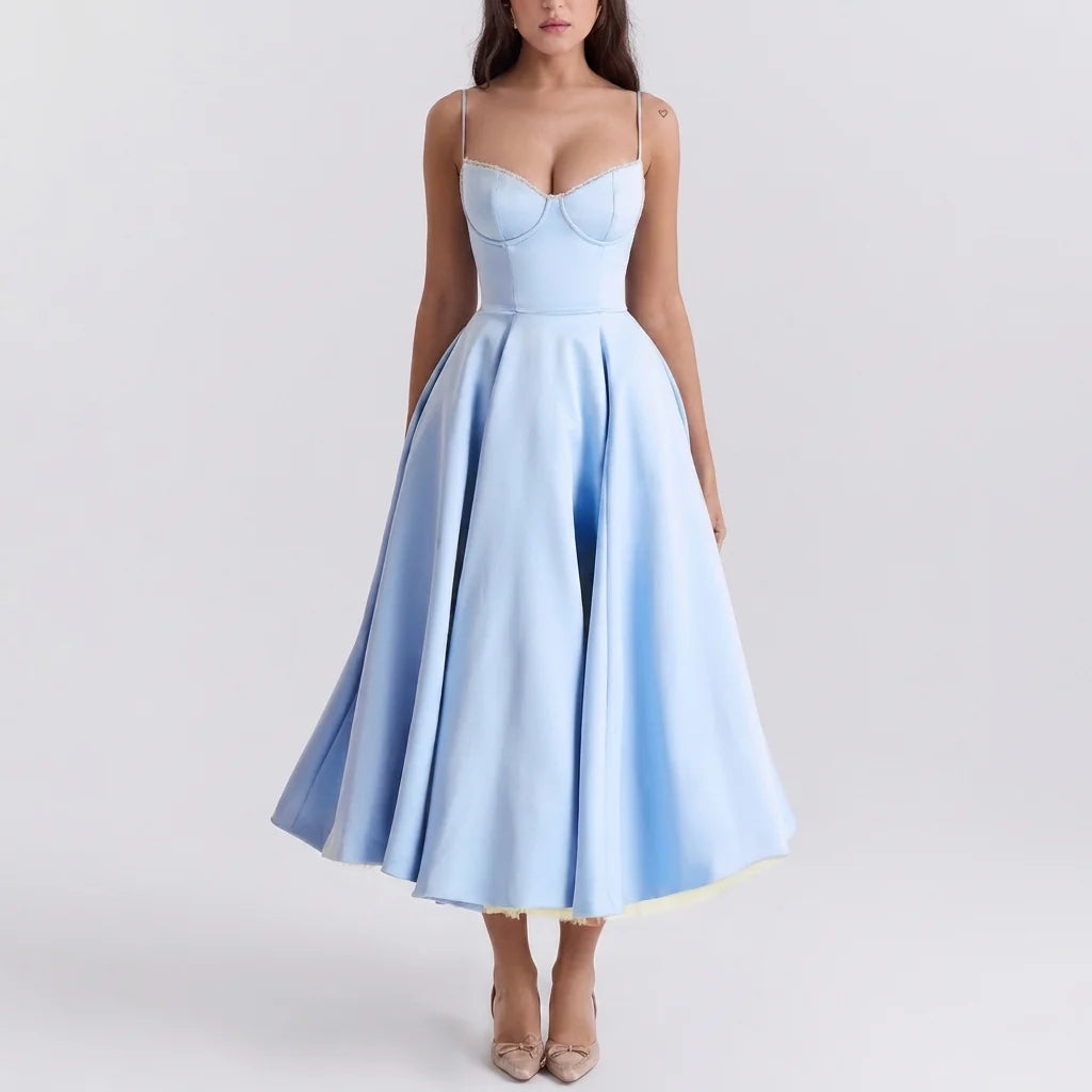 Side view of corset midi dress showing sweetheart neckline and adjustable straps