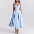 Side view of corset midi dress showing sweetheart neckline and adjustable straps