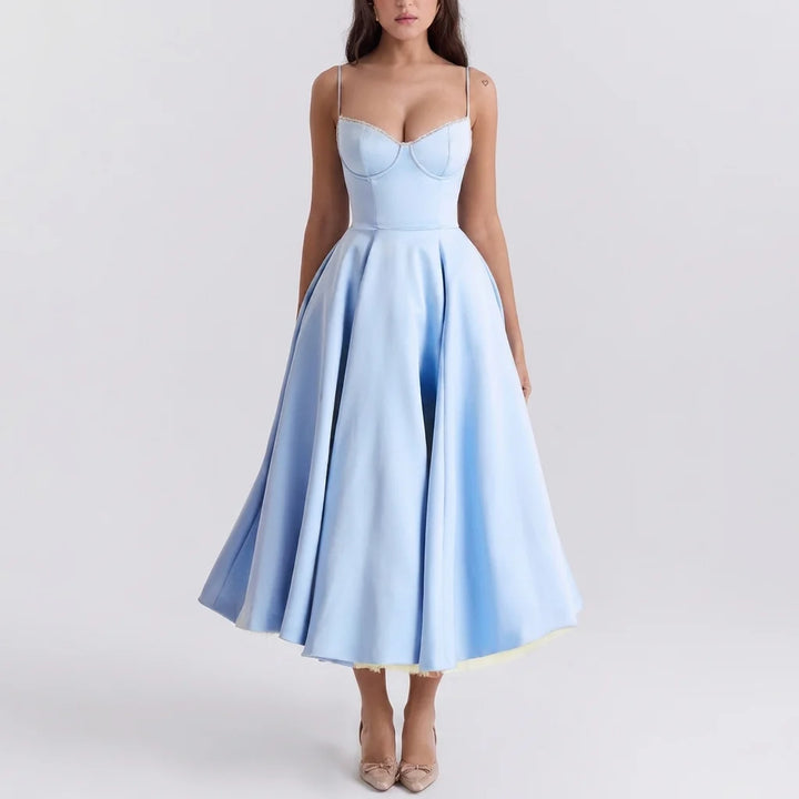 Side view of corset midi dress showing sweetheart neckline and adjustable straps