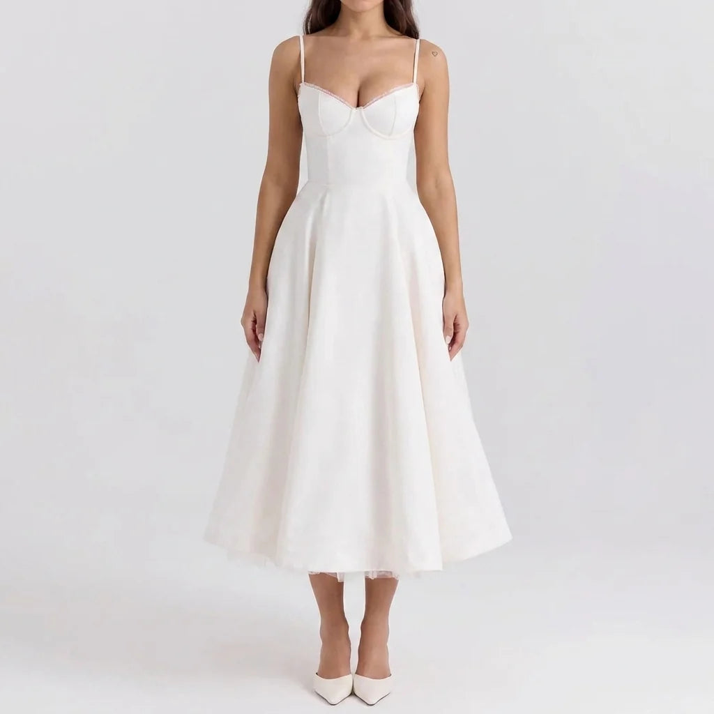 Full-length view of corset midi dress with structured bodice and midi hemline